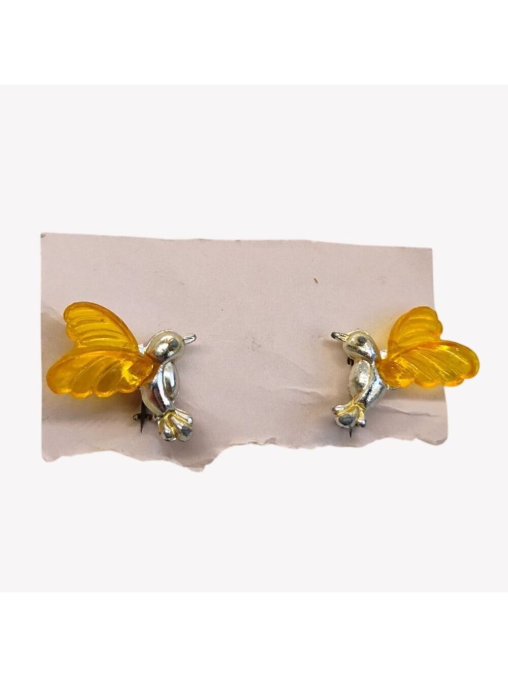 Pair of Vtg Hummingbird Lapel Scatter Pins Amber Colored Plastic Wings Gold Tone